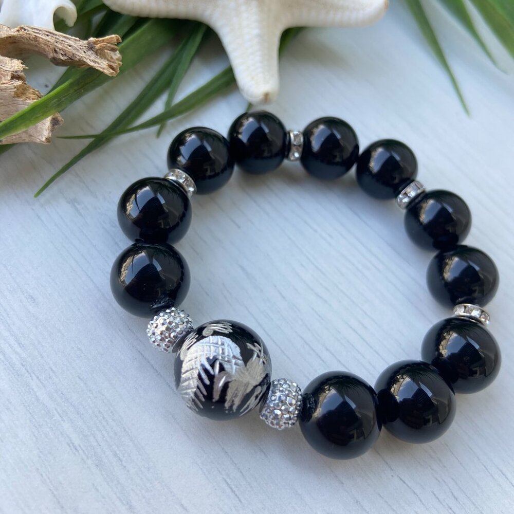 Black Obsidian Natural Crystal Beaded Bracelet for Protection Anxiety Relief